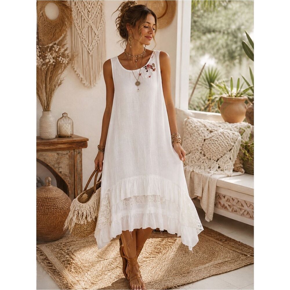 White Sleeveless Boho Lace Hem Dress